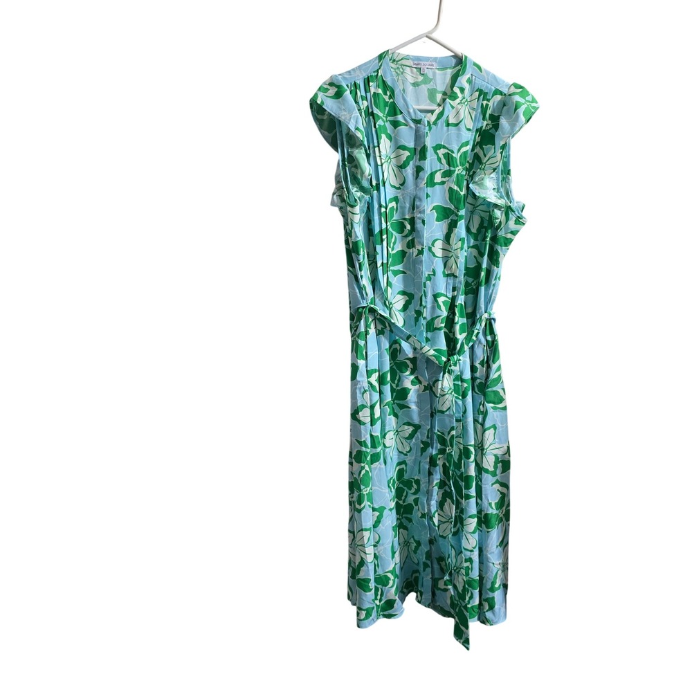 Mary Square Dress Women XL Blue Green Floral Flutter Sleeve Button Front